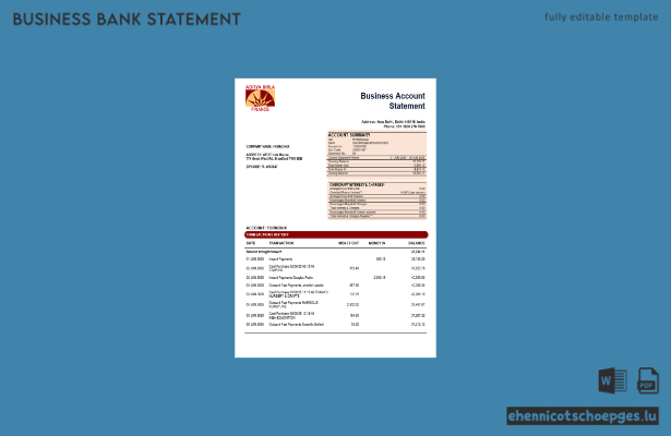 Beispielansicht eines Kontoauszugs des Unternehmenskontos der Aditya Birla Finance Ltd. im Word- und PDF-Format